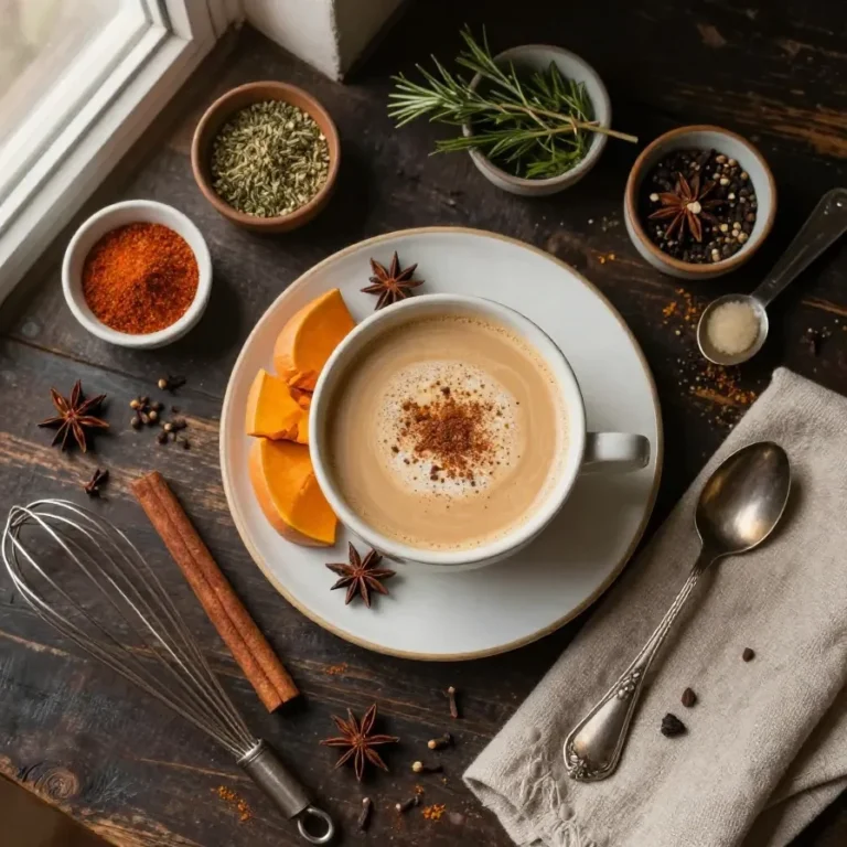 Homemade Pumpkin Chai Latte A creamy homemade pumpkin chai latte served in a ceramic mug with cinnamon sticks and pumpkin decorations.