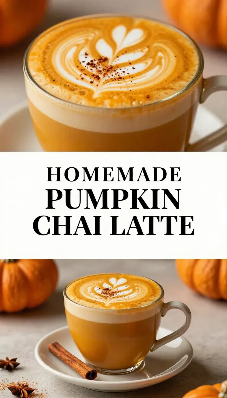 A creamy homemade pumpkin chai latte served in a ceramic mug with cinnamon sticks and pumpkin decorations.
