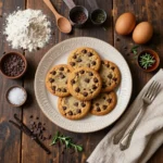 Close-up of freshly baked chocolate chip cookies on a wooden tray.