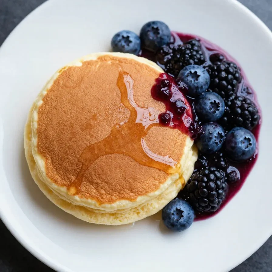 A stack of fluffy Japanese soufflé pancakes topped with powdered sugar and fresh strawberries.