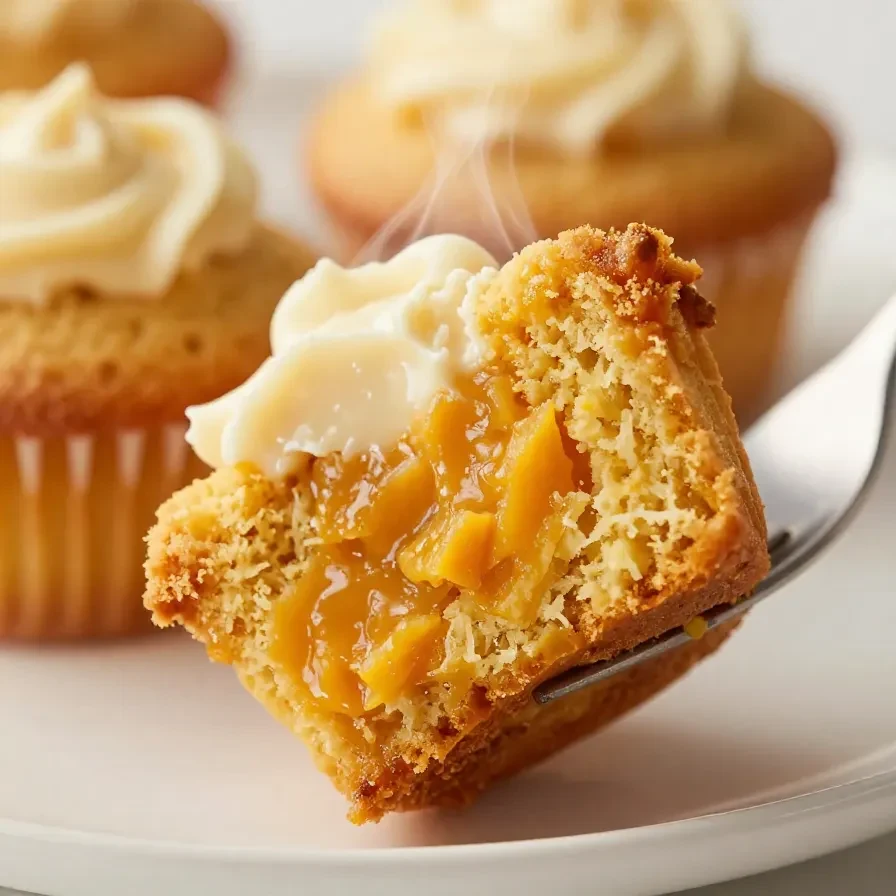 A close-up of a freshly baked pumpkin cream cheese muffin with a swirl of cream cheese on top.