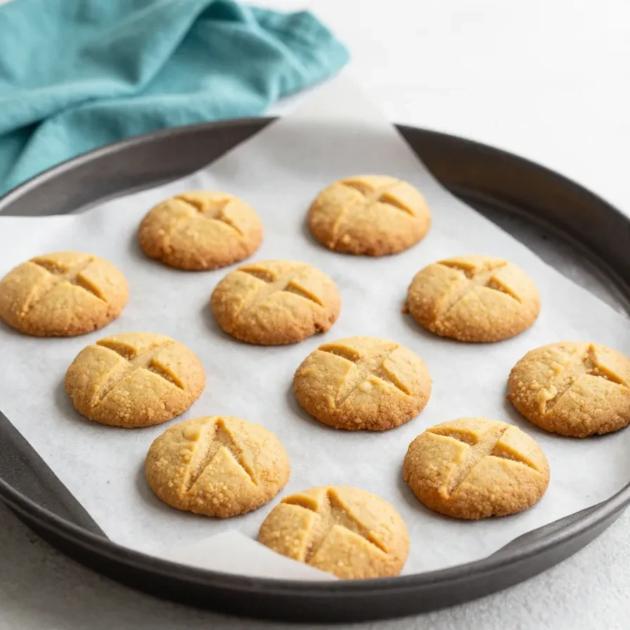 Close-up of freshly baked three-ingredient peanut butter cookies on a cooling rack.