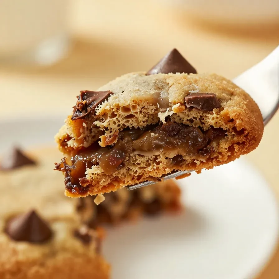 Close-up of freshly baked chocolate chip cookies on a wooden tray.