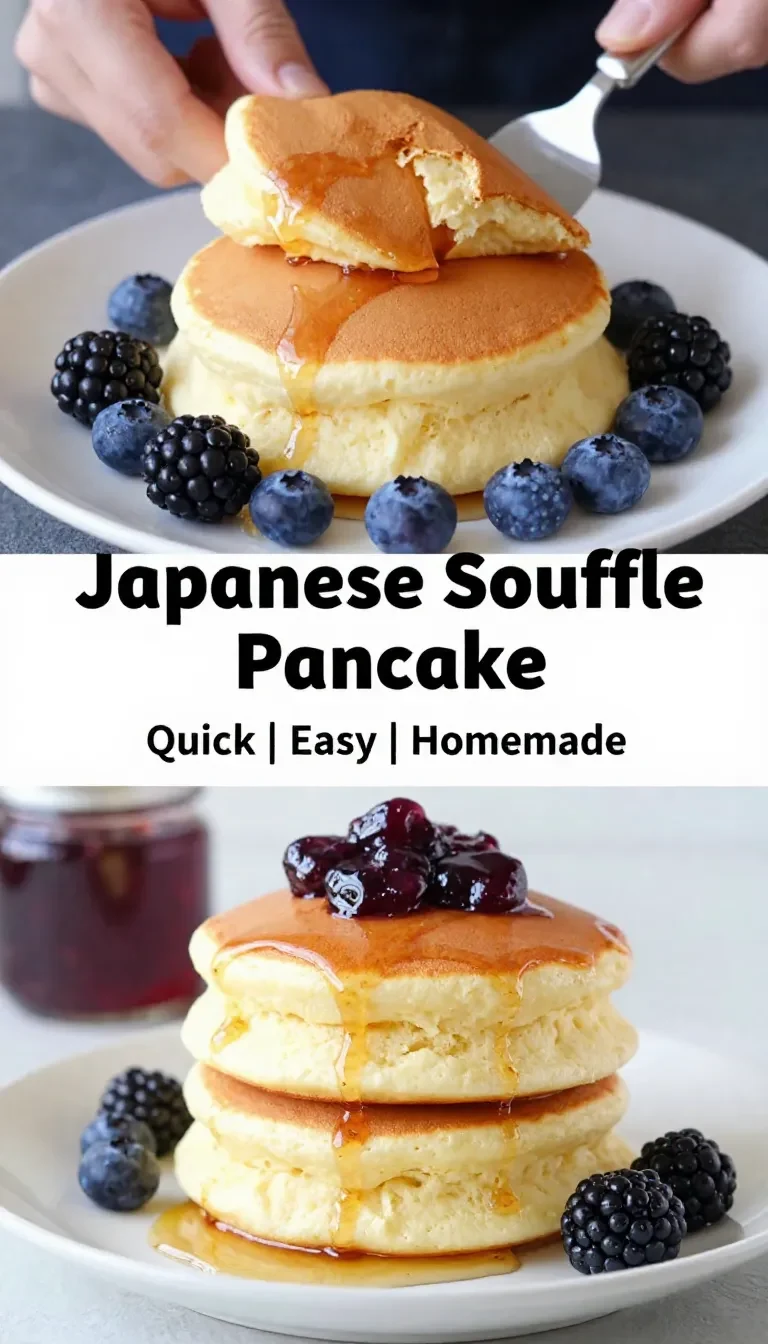 A stack of fluffy Japanese soufflé pancakes topped with powdered sugar and fresh strawberries.