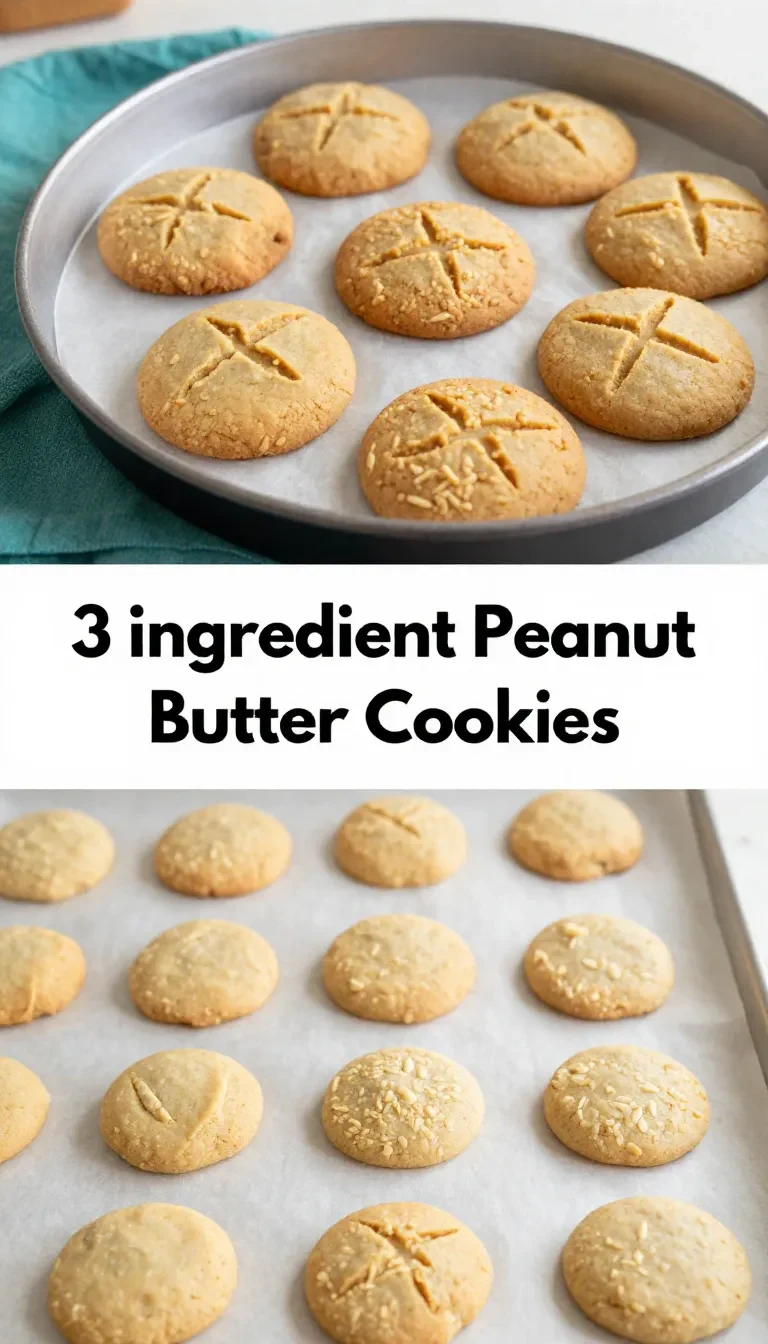 Close-up of freshly baked three-ingredient peanut butter cookies on a cooling rack.