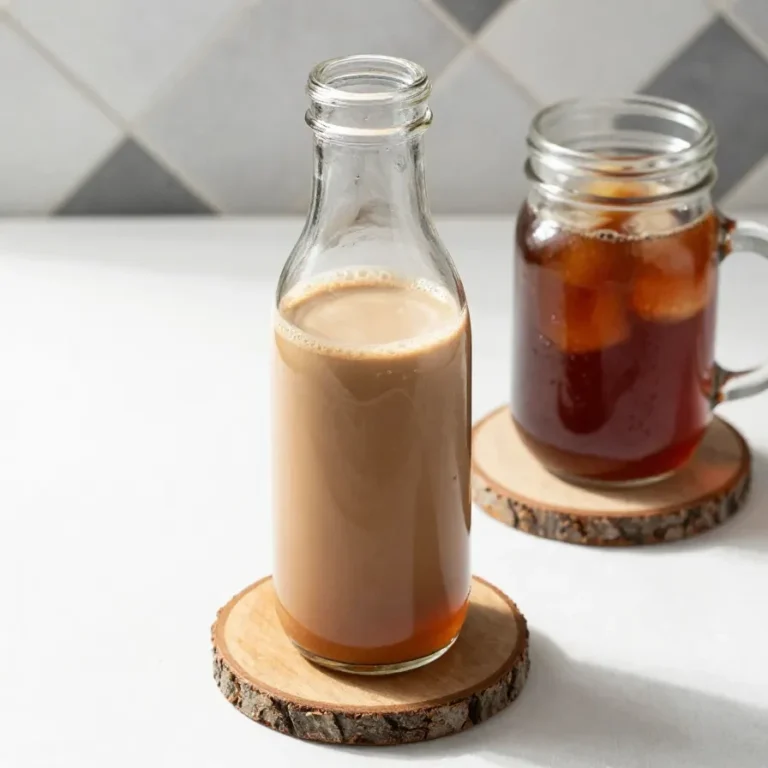 Homemade chai syrup in a glass jar with spices on a wooden table
