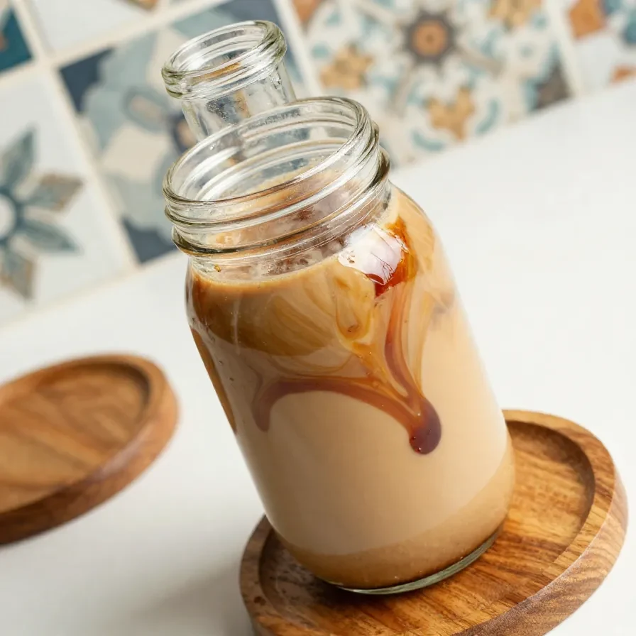 Homemade chai syrup in a glass jar with spices on a wooden table