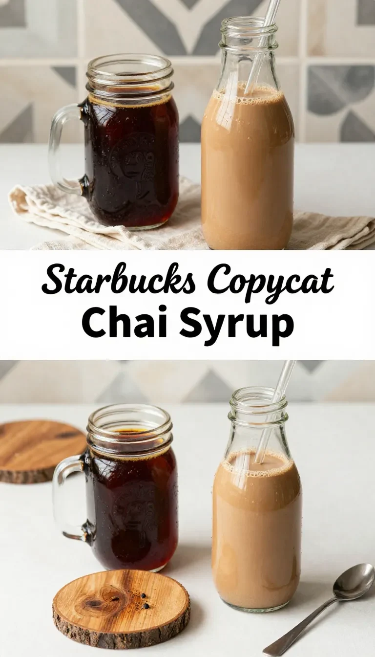 Homemade chai syrup in a glass jar with spices on a wooden table