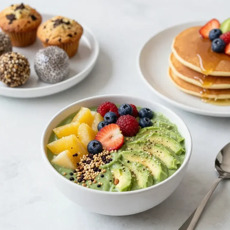 A table with a variety of breakfast dishes including pancakes, scrambled eggs, and fresh fruit.