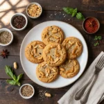 A plate of freshly baked 3-ingredient peanut butter cookies on a wooden table.