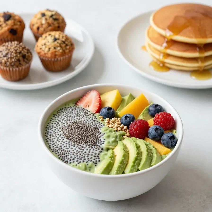 A table with a variety of breakfast dishes including pancakes, scrambled eggs, and fresh fruit.