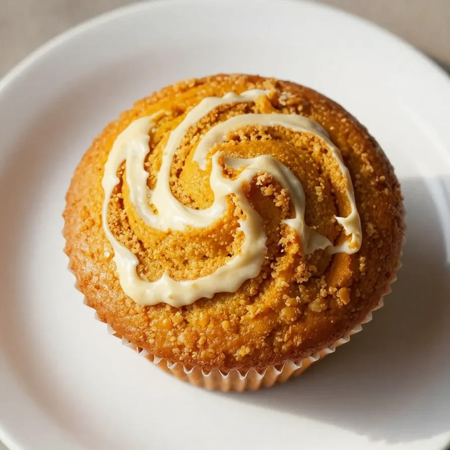 Freshly baked low carb pumpkin muffins with a cream cheese swirl on a wooden table.