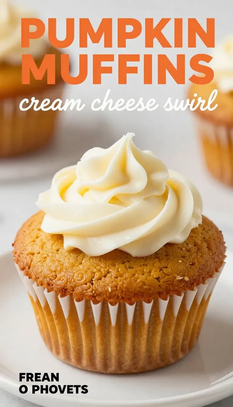 Freshly baked low carb pumpkin muffins with a cream cheese swirl on a wooden table.