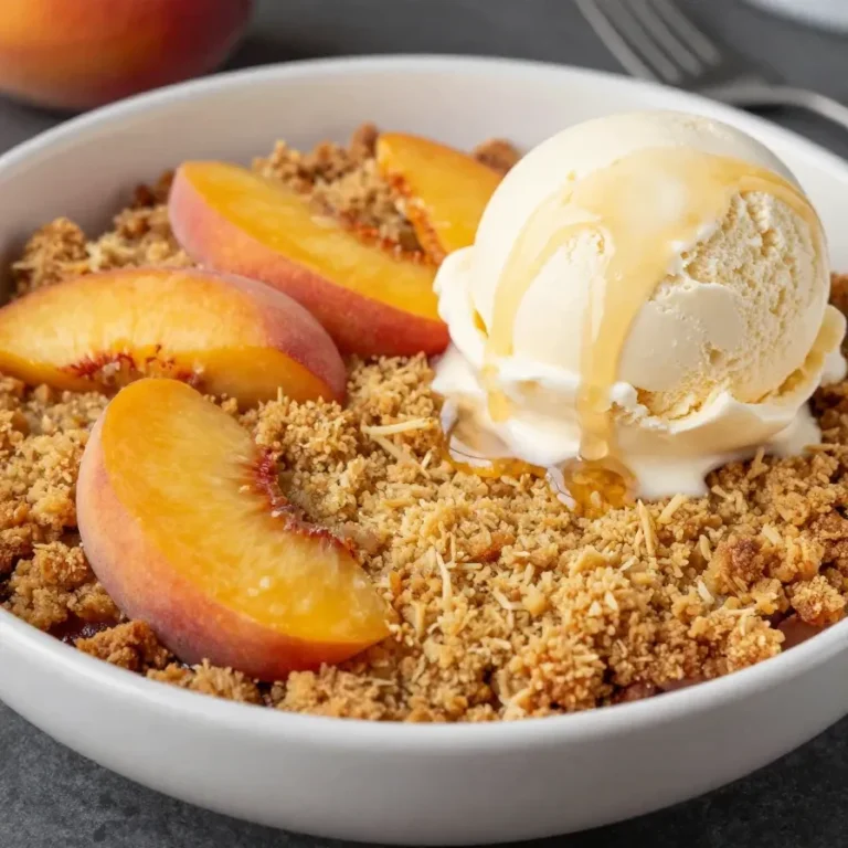Gluten Free Peach Crisp: Healthier Twist on a Summer Classic A freshly baked gluten-free peach crisp served in a white dish, topped with a golden oat crumble and sliced peaches on the side.