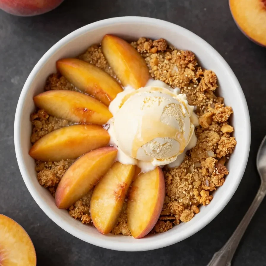 A freshly baked gluten-free peach crisp served in a white dish, topped with a golden oat crumble and sliced peaches on the side.