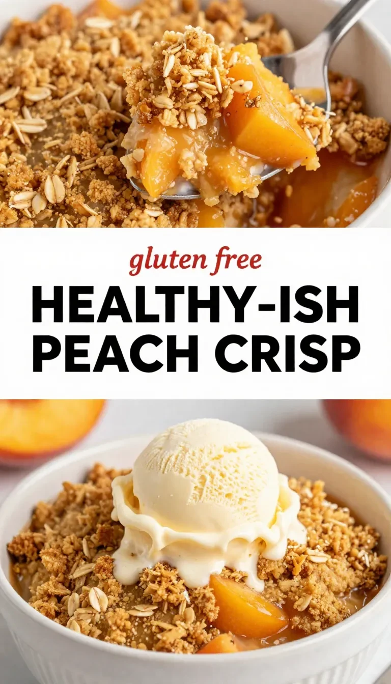 A freshly baked gluten-free peach crisp served in a white dish, topped with a golden oat crumble and sliced peaches on the side.