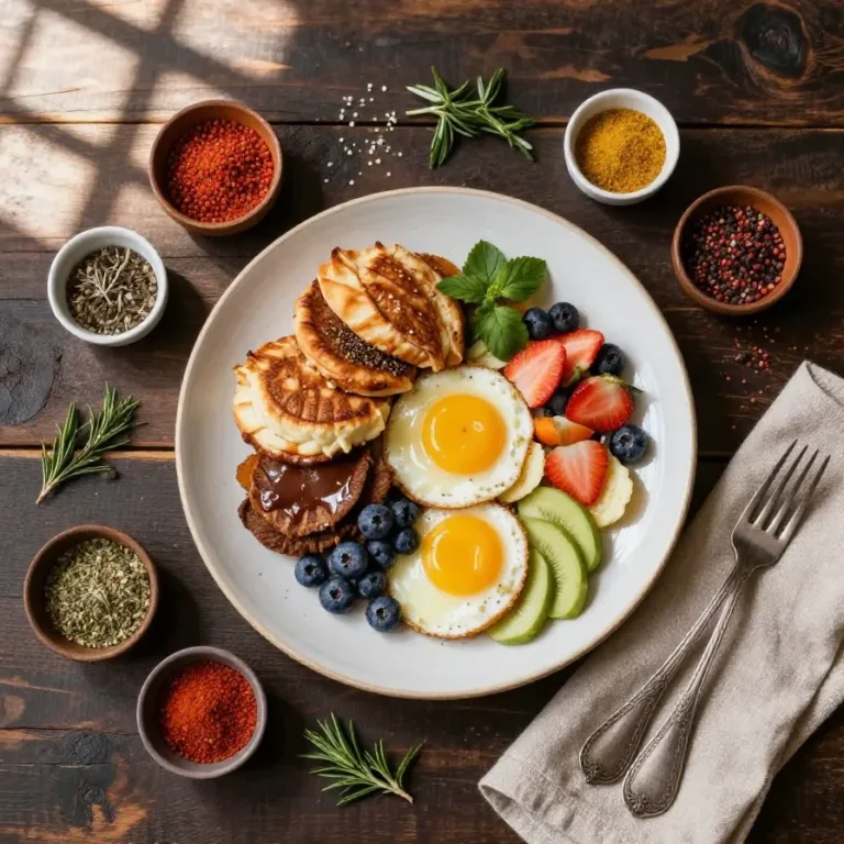 A cozy breakfast setup with pancakes, coffee, and fresh fruit on a wooden table.