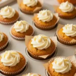 Close-up of moist pumpkin cream cheese muffins on a wooden table.