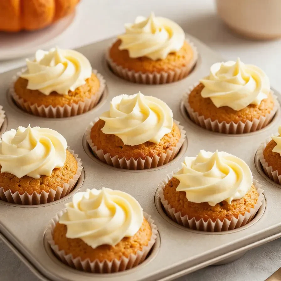Close-up of moist pumpkin cream cheese muffins on a wooden table.