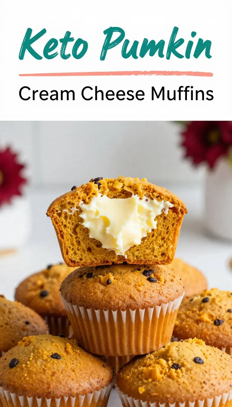 A batch of keto pumpkin muffins with cream cheese filling on a wooden table.