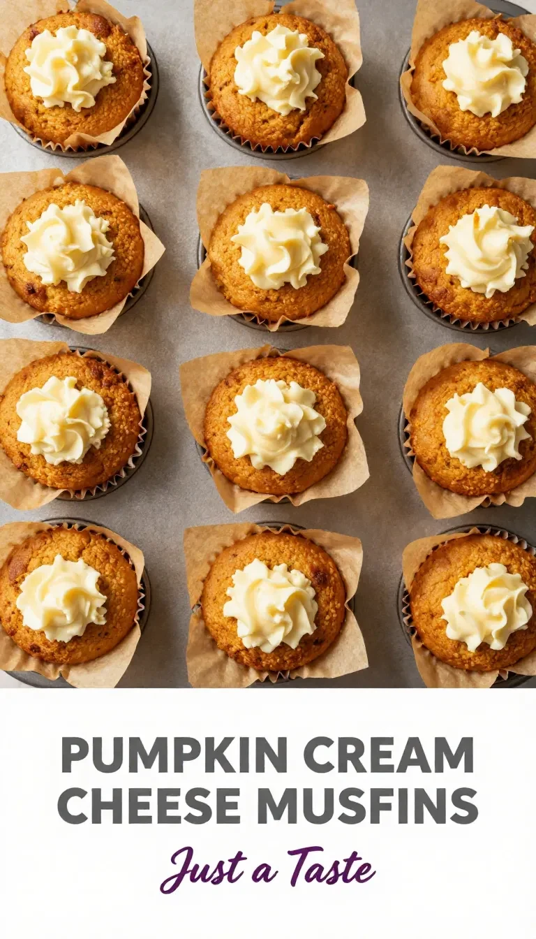 Close-up of moist pumpkin cream cheese muffins on a wooden table.