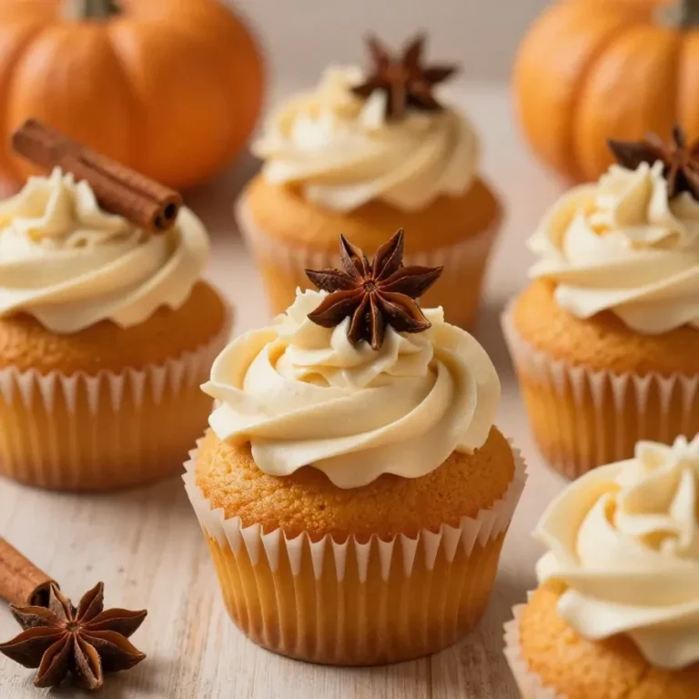 Pumpkin Cupcakes Recipe Freshly baked pumpkin cupcakes topped with cream cheese frosting on a wooden table.