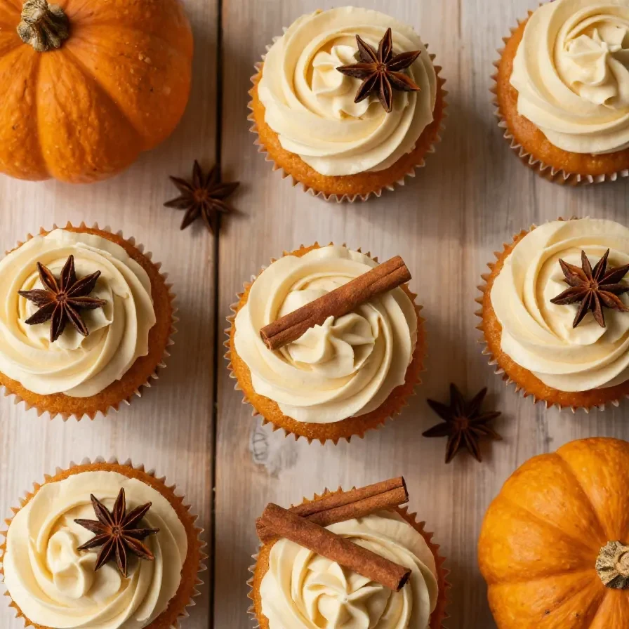Freshly baked pumpkin cupcakes topped with cream cheese frosting on a wooden table.