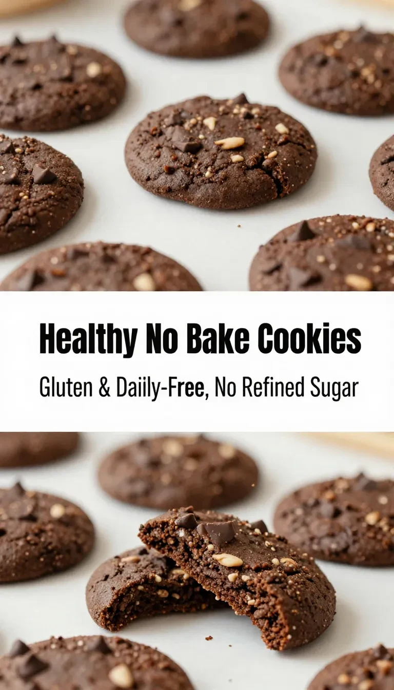 A plate of healthy no-bake chocolate peanut butter cookies on a wooden table.
