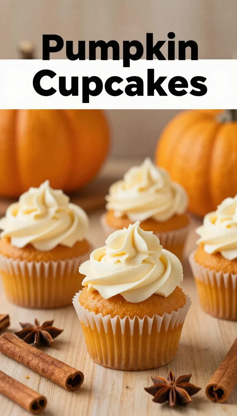 Freshly baked pumpkin cupcakes topped with cream cheese frosting on a wooden table.