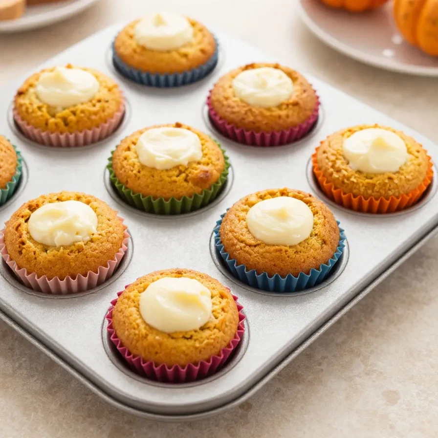A freshly baked pumpkin cream cheese muffin on a wooden table, inspired by Starbucks.
