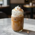 A glass of iced pumpkin spice latte topped with whipped cream and cinnamon, placed on a wooden table.