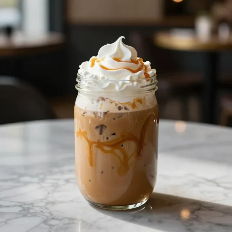 A glass of iced pumpkin spice latte topped with whipped cream and cinnamon, placed on a wooden table.