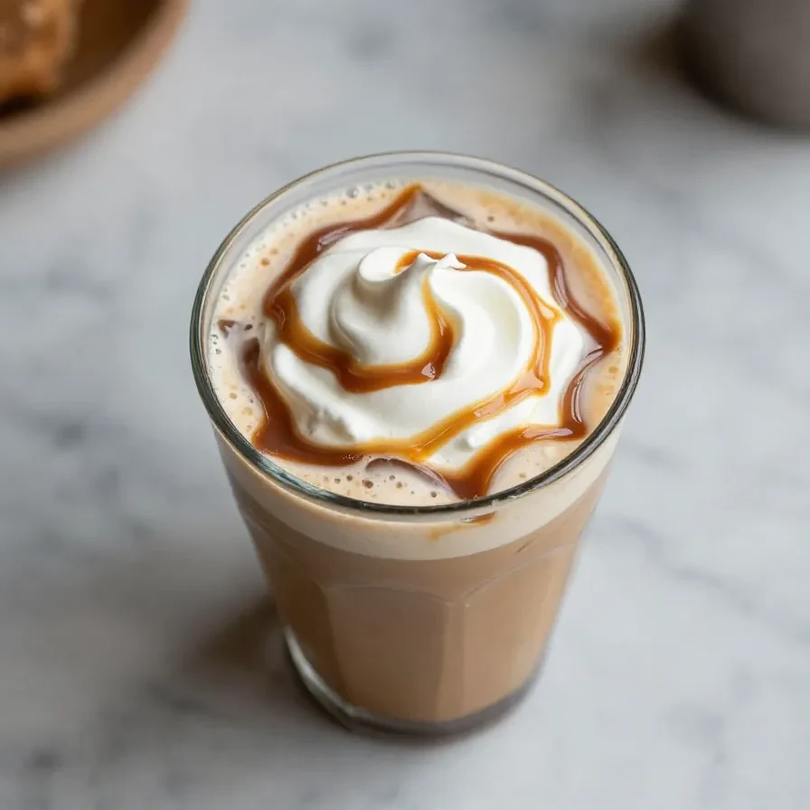 A glass of iced pumpkin spice latte topped with whipped cream and cinnamon, placed on a wooden table.