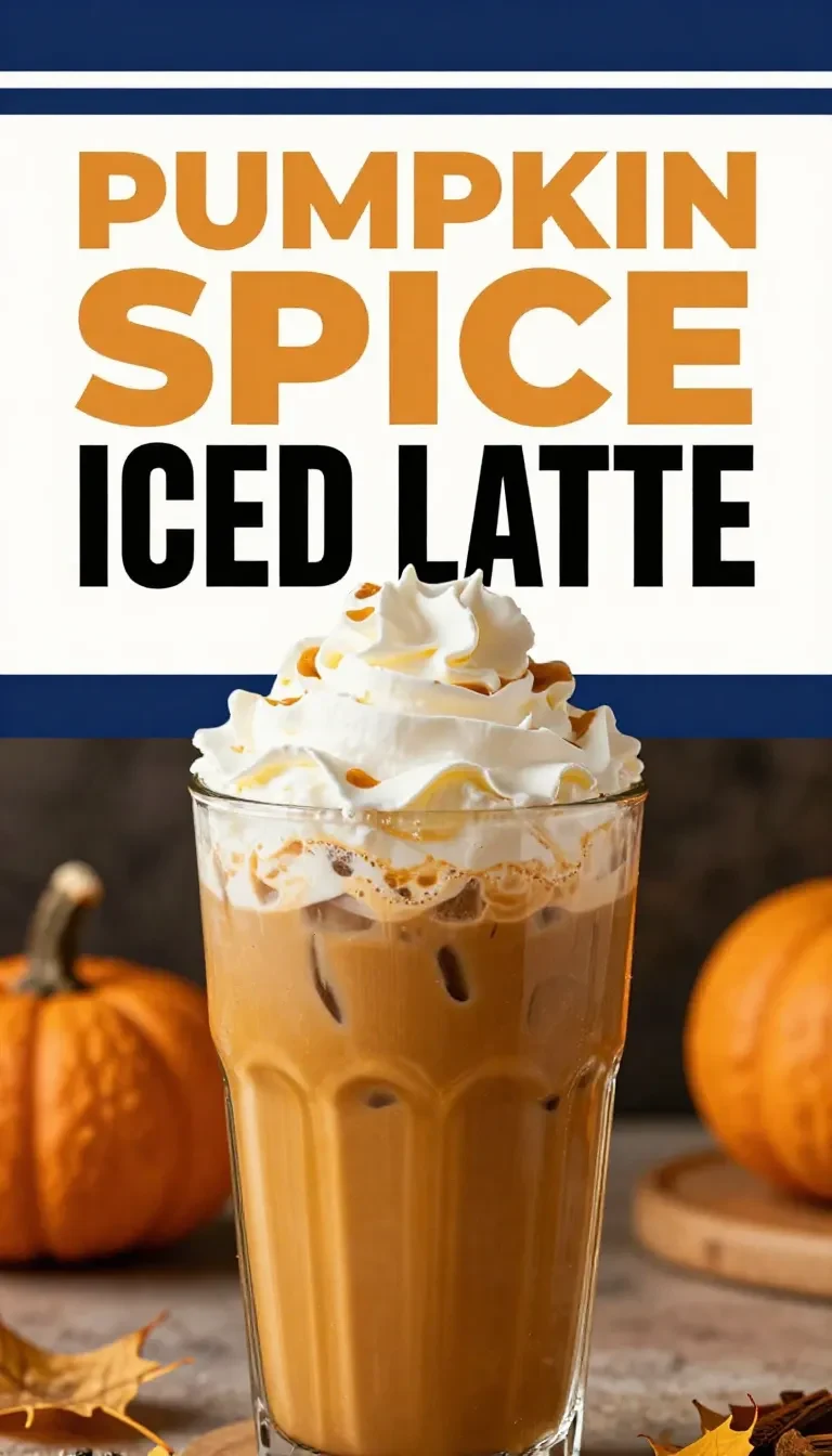 A glass of iced pumpkin spice latte topped with whipped cream and cinnamon, placed on a wooden table.