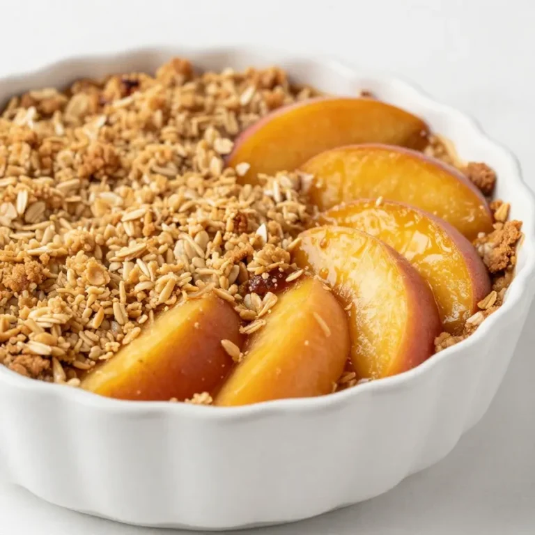 A close-up of a freshly baked peach crisp with golden cinnamon-oat topping served in a white dish.