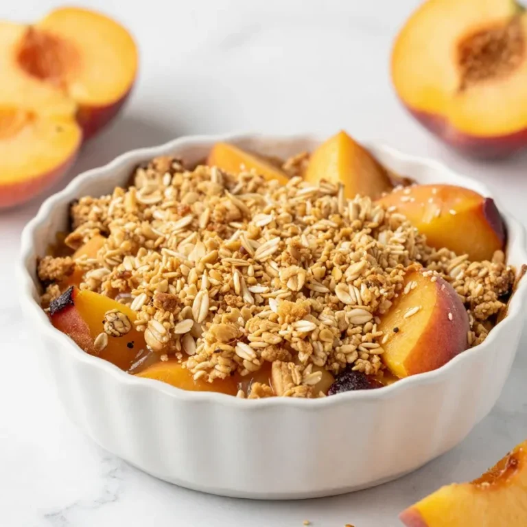 Best Peach Crisp Recipe with Cinnamon-Oat Topping A close-up of a freshly baked peach crisp with a golden-brown cinnamon-oat topping in a white baking dish.