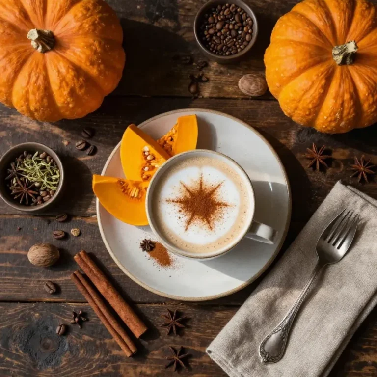 Protein Pumpkin Spice Latte A frothy protein pumpkin spice latte served in a white mug with cinnamon sticks and pumpkin decorations.