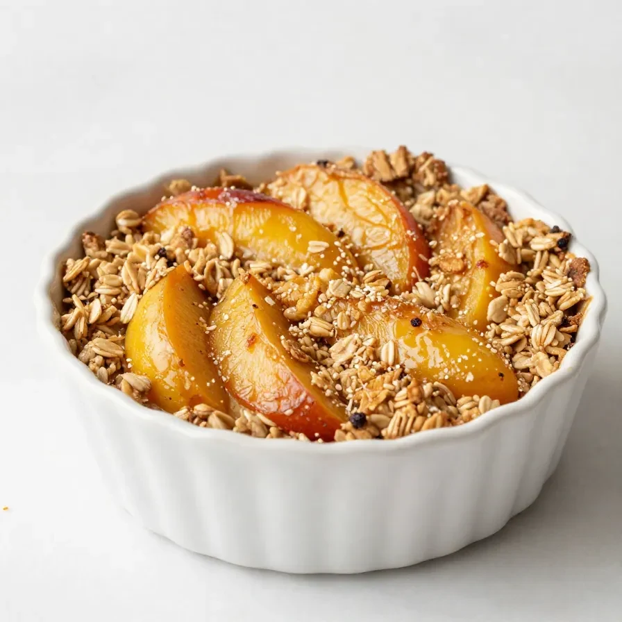 A close-up of a freshly baked peach crisp with golden cinnamon-oat topping served in a white dish.