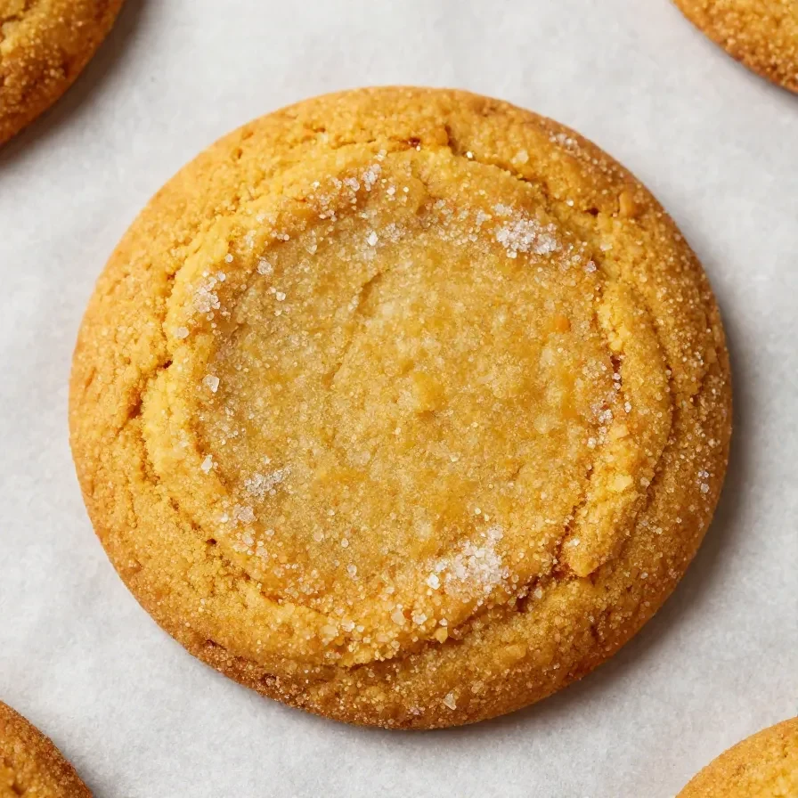 A close-up of freshly baked chewy pumpkin cookies on a wooden table.
