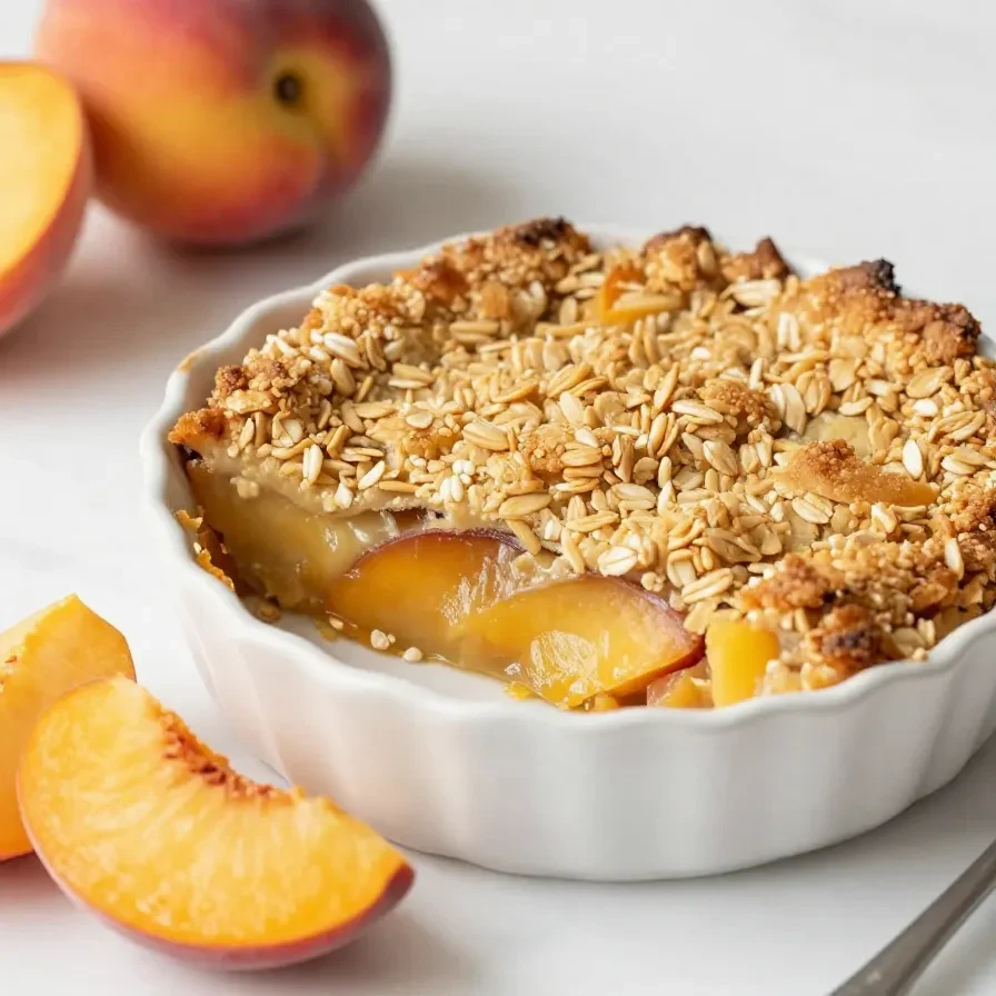 A close-up of a freshly baked peach crisp with a golden-brown cinnamon-oat topping in a white baking dish.