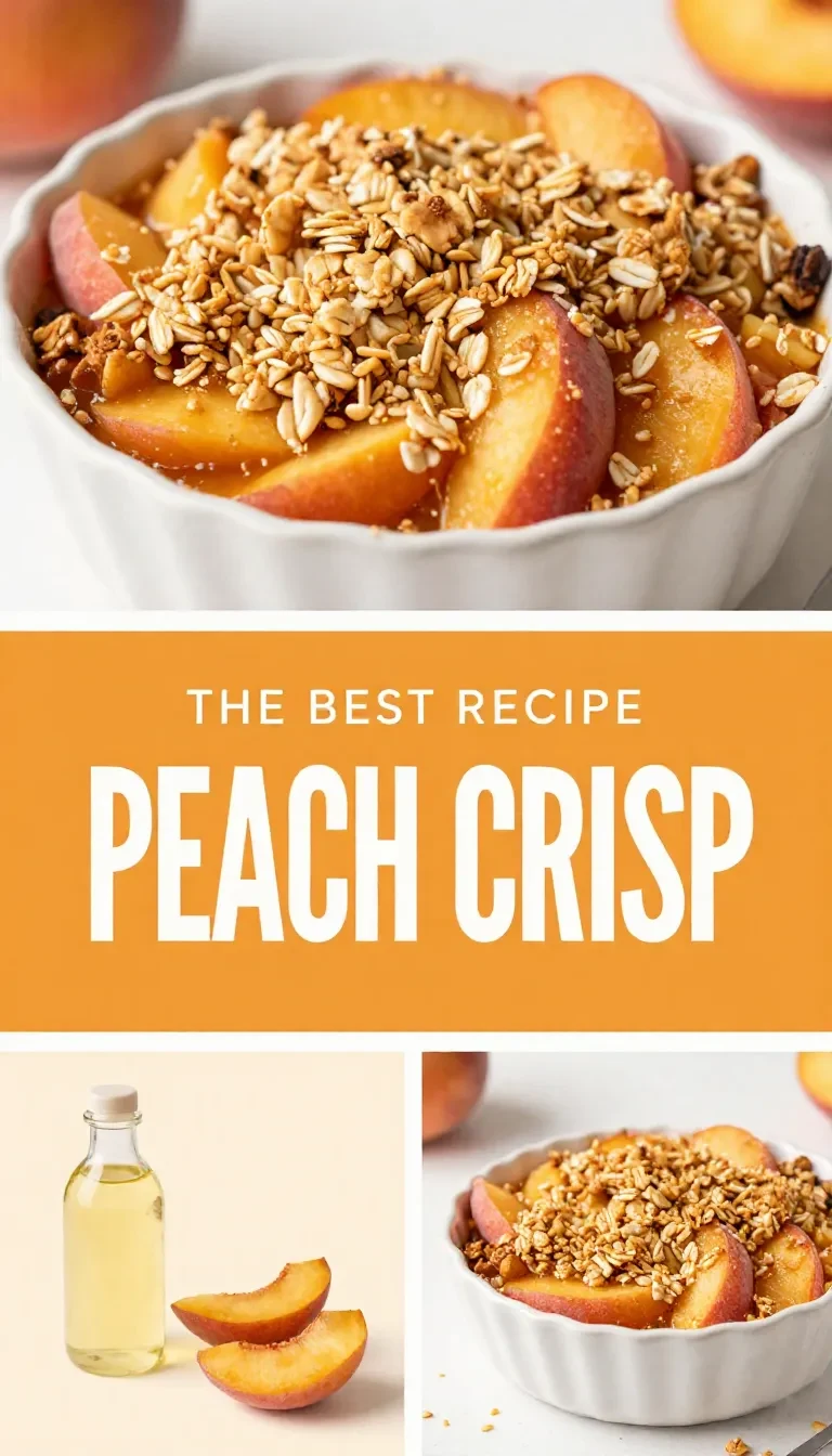 A close-up of a freshly baked peach crisp with golden cinnamon-oat topping served in a white dish.