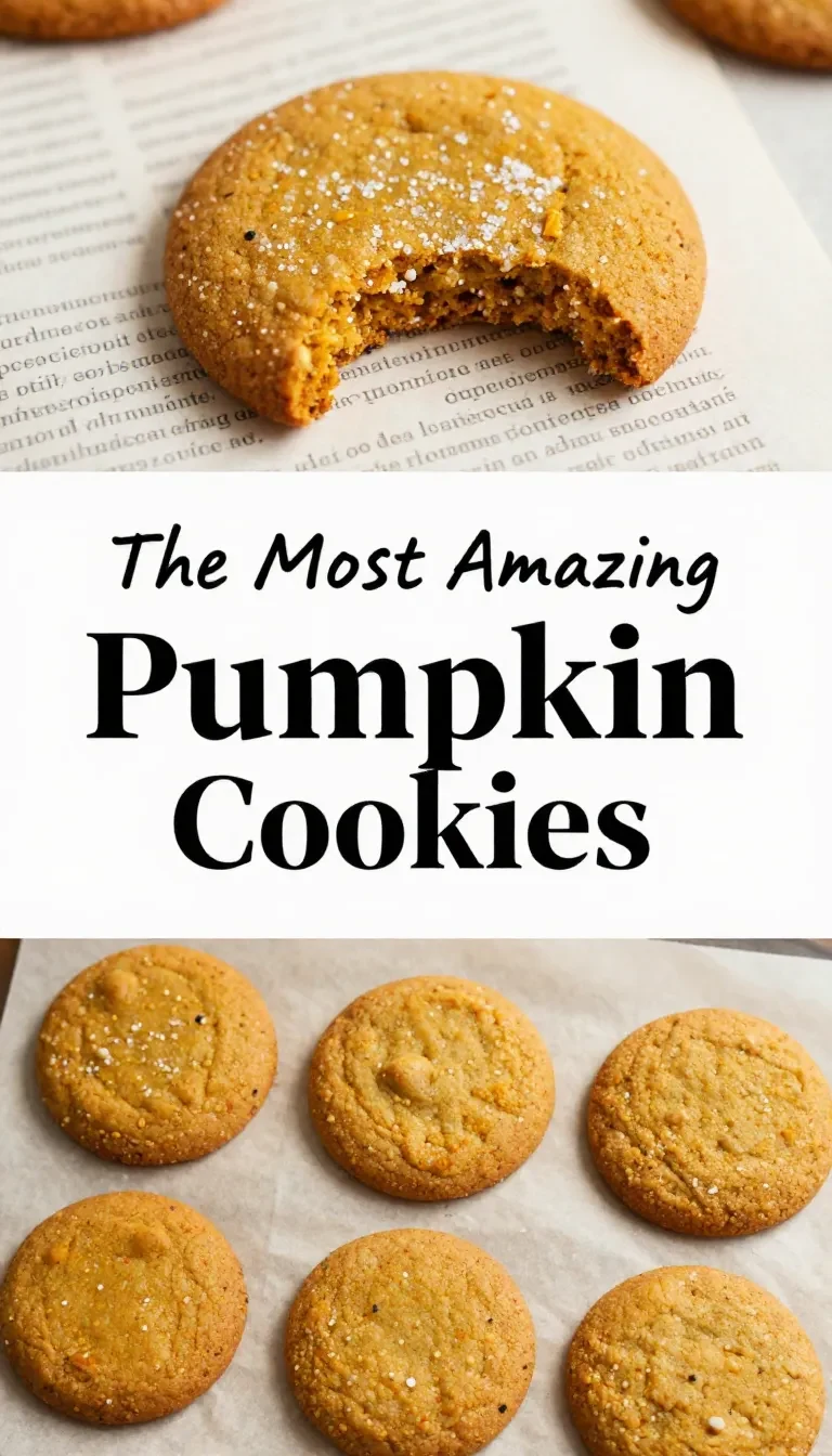 A close-up of freshly baked chewy pumpkin cookies on a wooden table.