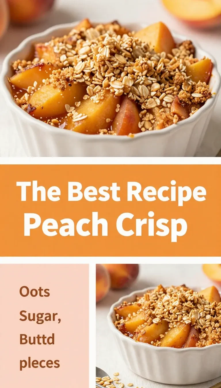 A close-up of a freshly baked peach crisp with a golden-brown cinnamon-oat topping in a white baking dish.