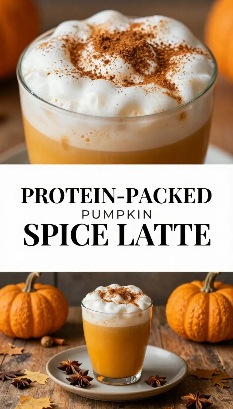 A frothy protein pumpkin spice latte served in a white mug with cinnamon sticks and pumpkin decorations.