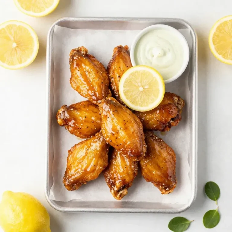 Crispy lemon pepper chicken wings glazed with honey on a white serving plate