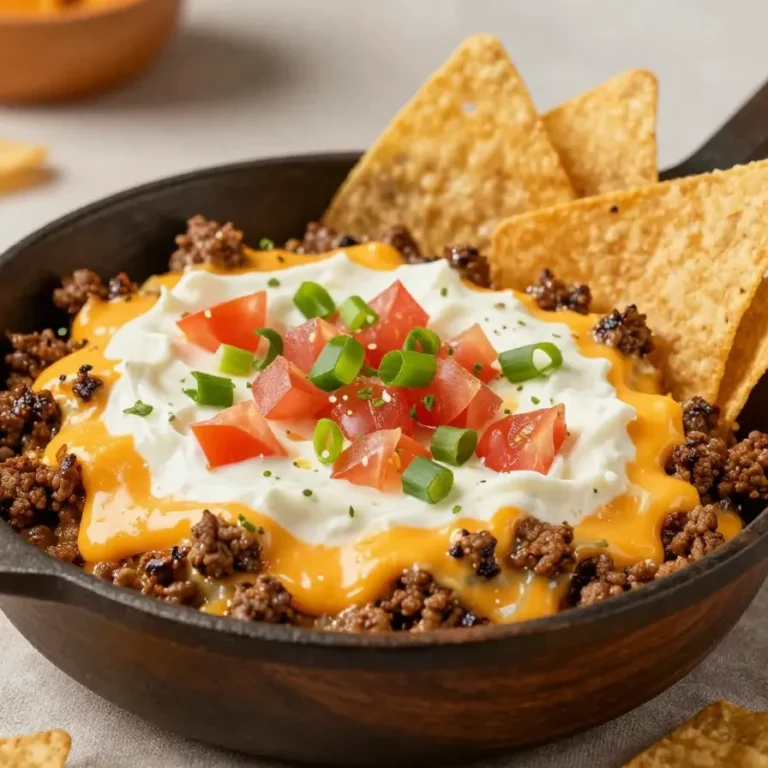 A baked Texas Trash Dip served in a skillet with melted cheese, beans, ground beef, and colorful toppings, with tortilla chips nearby.