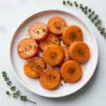 A bowl of glossy glazed carrots garnished with fresh parsley on a white serving plate.