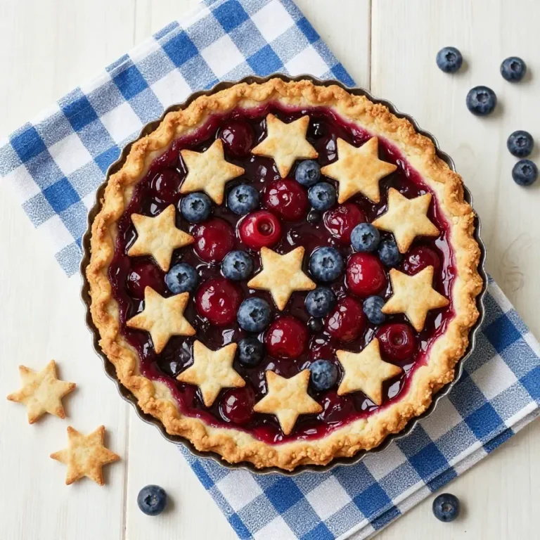 Fresh cherry and blueberry pie with a golden lattice crust on a rustic table