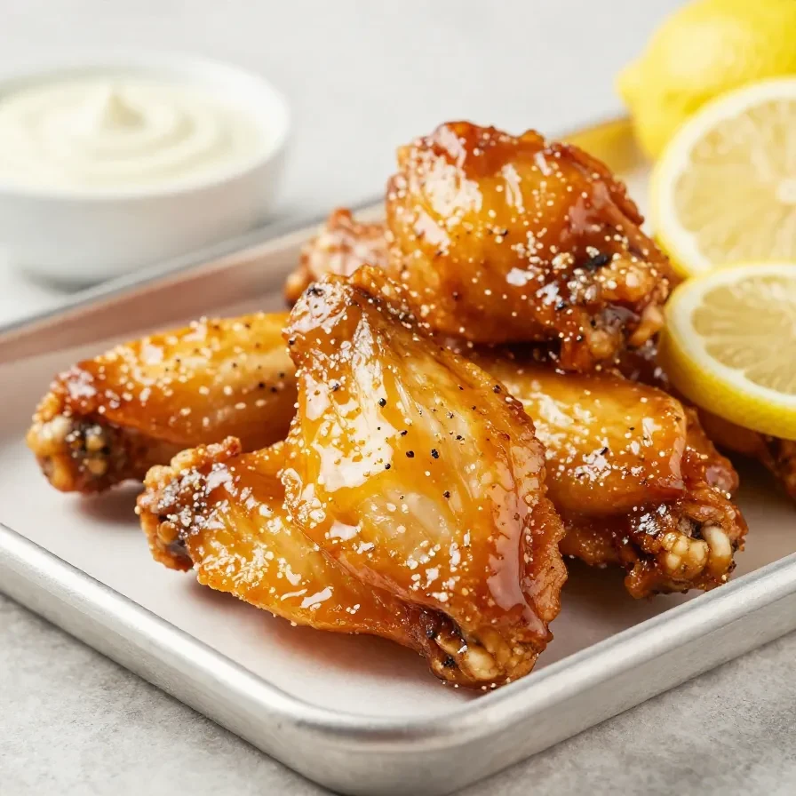 Crispy lemon pepper chicken wings glazed with honey on a white serving plate