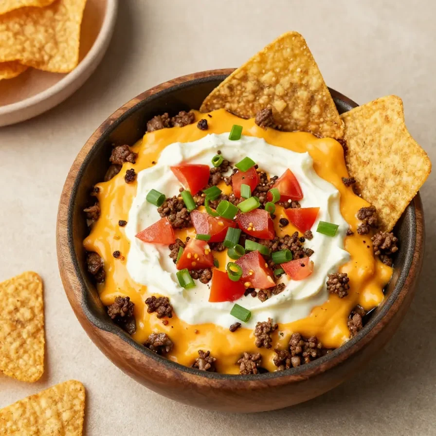 A baked Texas Trash Dip served in a skillet with melted cheese, beans, ground beef, and colorful toppings, with tortilla chips nearby.